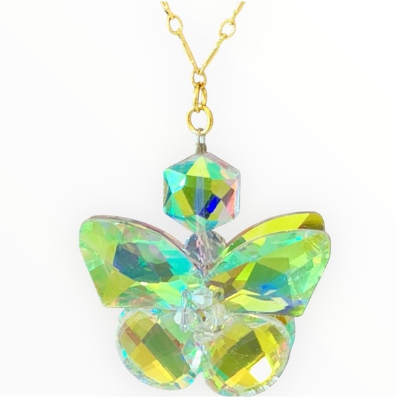 18k Gold Necklace | Iridescent Crystal Glass Butterfly Statement Pendant - Picture 5 of 15